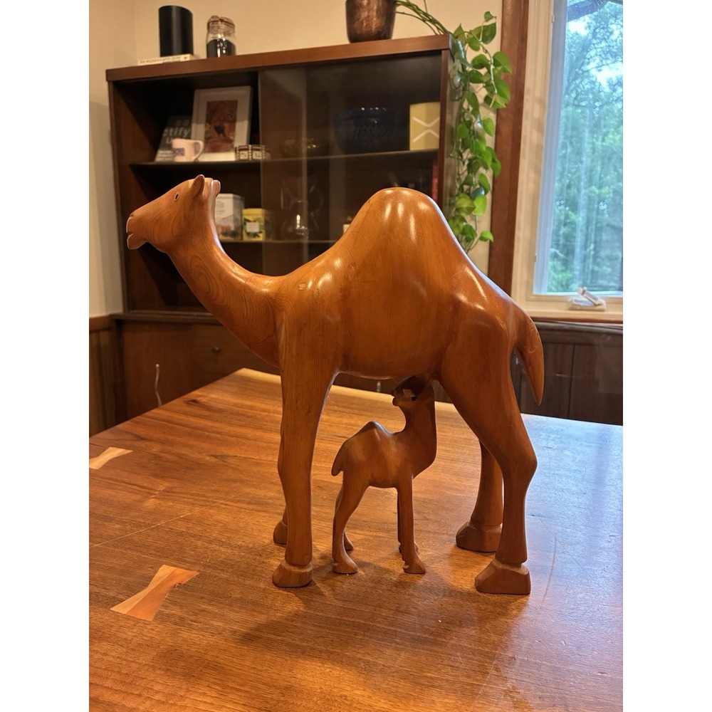 Hand Carved Camel Baby Wooden Figurine Statue Dark Brown Wood Vintage Dromedary